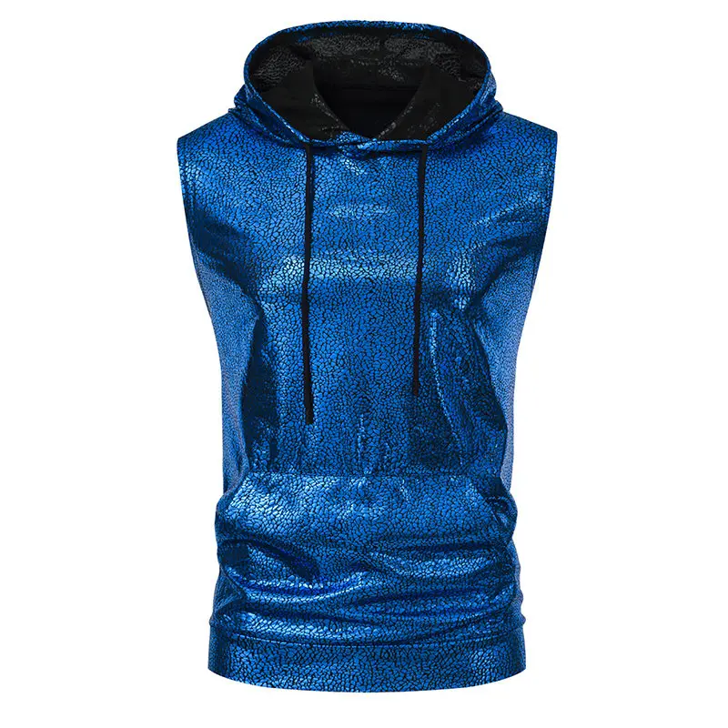 New Men Hot Stamping Hooded Short-sleeved Sports Tank Tops Gold Silver Blue Fashion Singer Stage Performance T-shirt