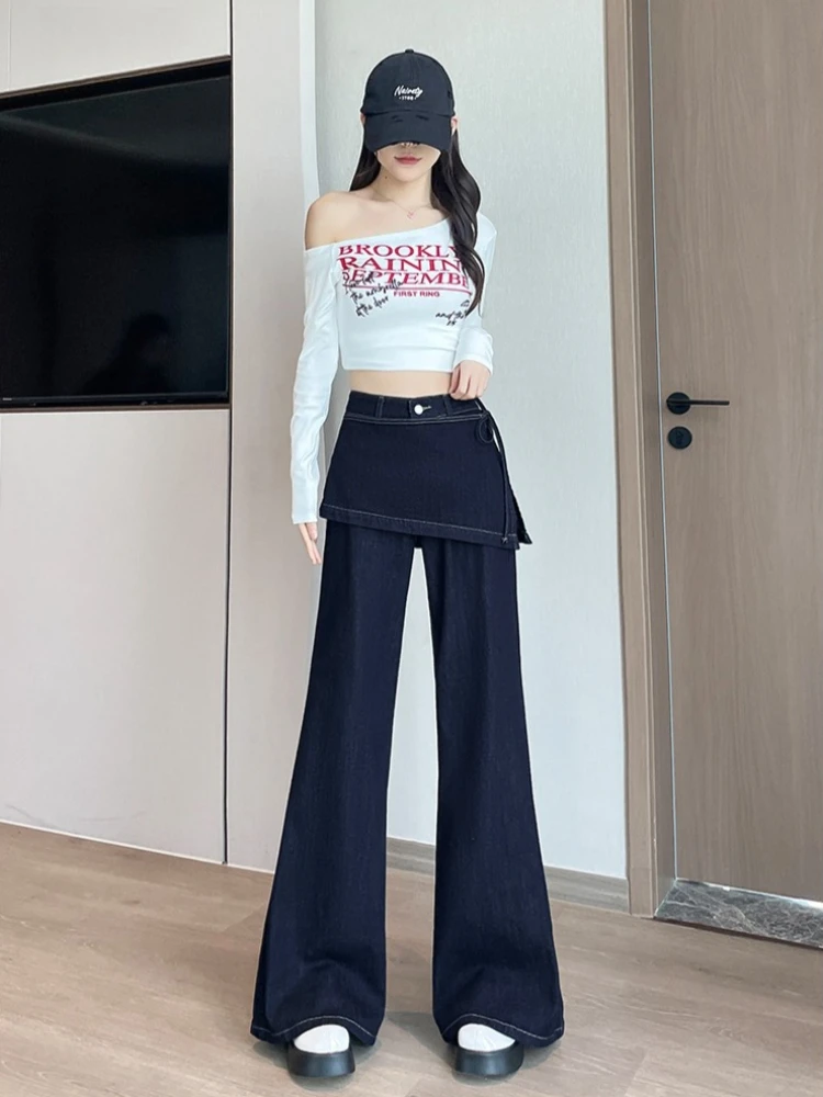 Fake two piece fart curtain design wide leg jeans for women 2025 winter new loose and fashionable versatile flared pants