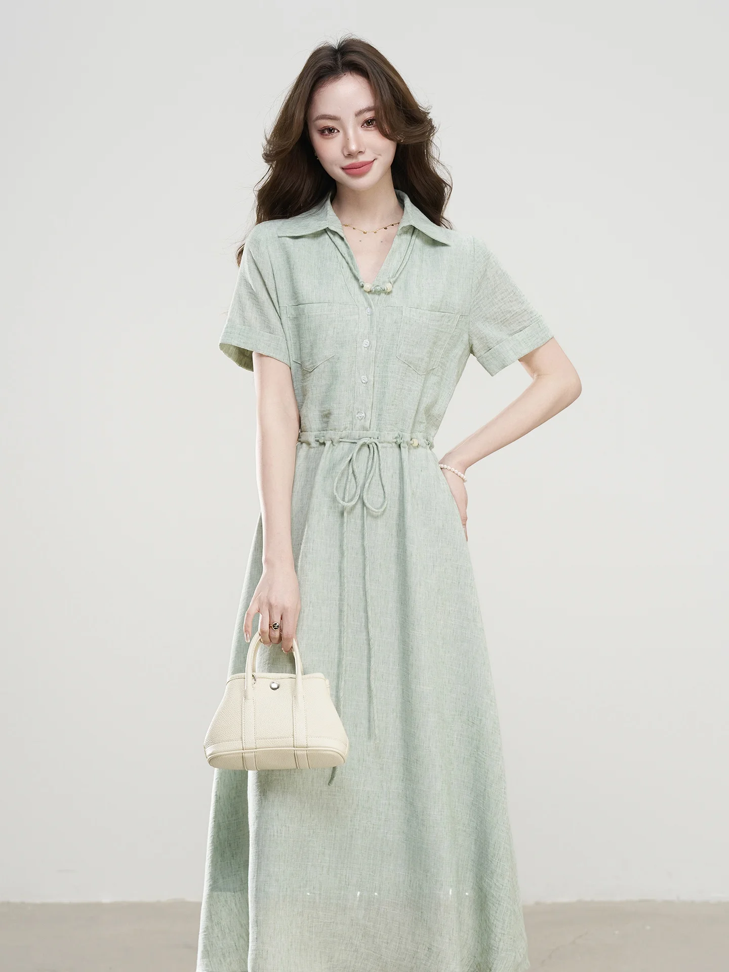 

Summer New Green Short Sleeve Cotton Linen Waist Cinched Shirt Dress for Women French Style A-Line Skirt Daily Wear Office Co...