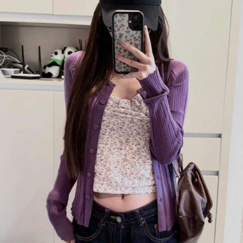 Korean Simple Purple Knitted Cardigan Autumn Fashion O Neck Single Breasted Long Sleeved Thin Commuter Coat  Spicy Girl 여성 반팔 니트
