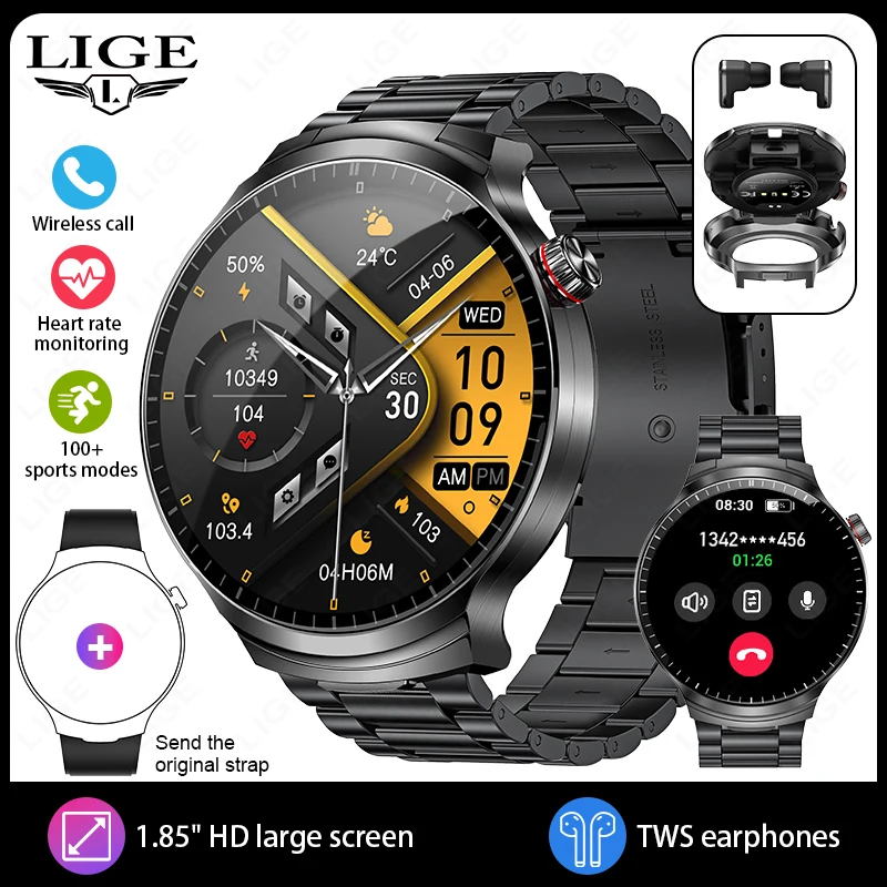 LIGE 2026 Smart Watch 2 in 1 mit Kopfhörer Smartwatch Bluetooth Anruf Männer Uhr AI Stimme Herzfrequenzmesser Musik spielen SmartWatch 7
