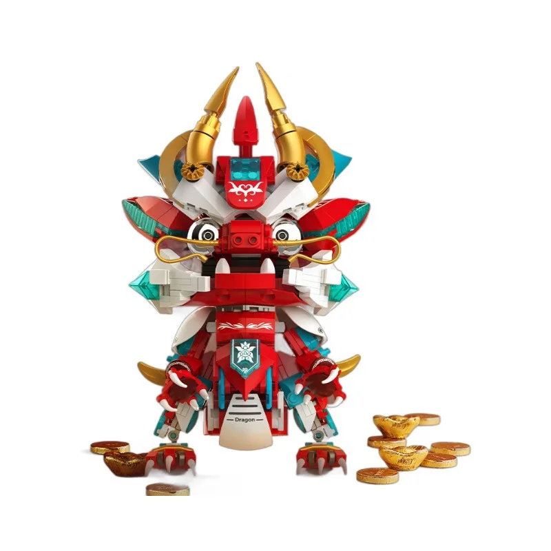 Chinese Style Lucky Building Blocks Mecha Lion Dance God Beast Bricks Model Ornament Creative Desktop Decor Gift for Kids Adults