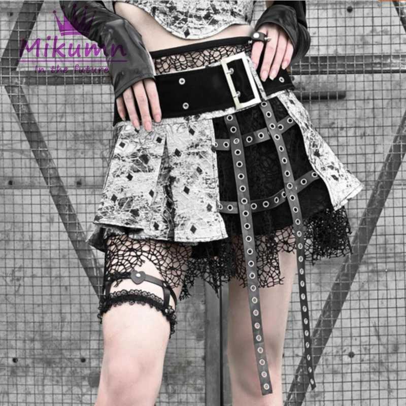 Punk Rock PU Metal Fishnet Irregular Sexy High Waist Pleated Gothic Short Skirt With Belt Streetwear