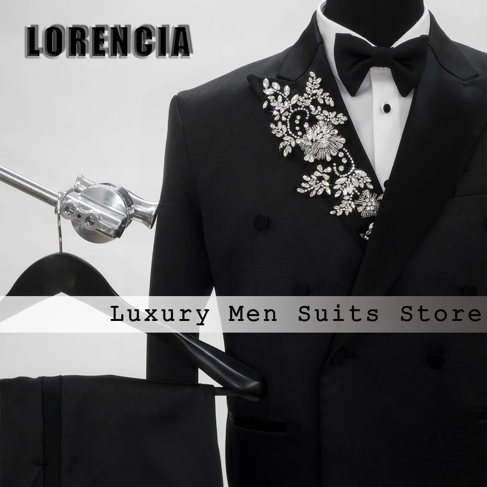 Leisure Double Breasted Male Suits 2 Pieces Crystal Wedding Tuxedos Groom Outfits Customized Blazer Pants costume homme luxe
