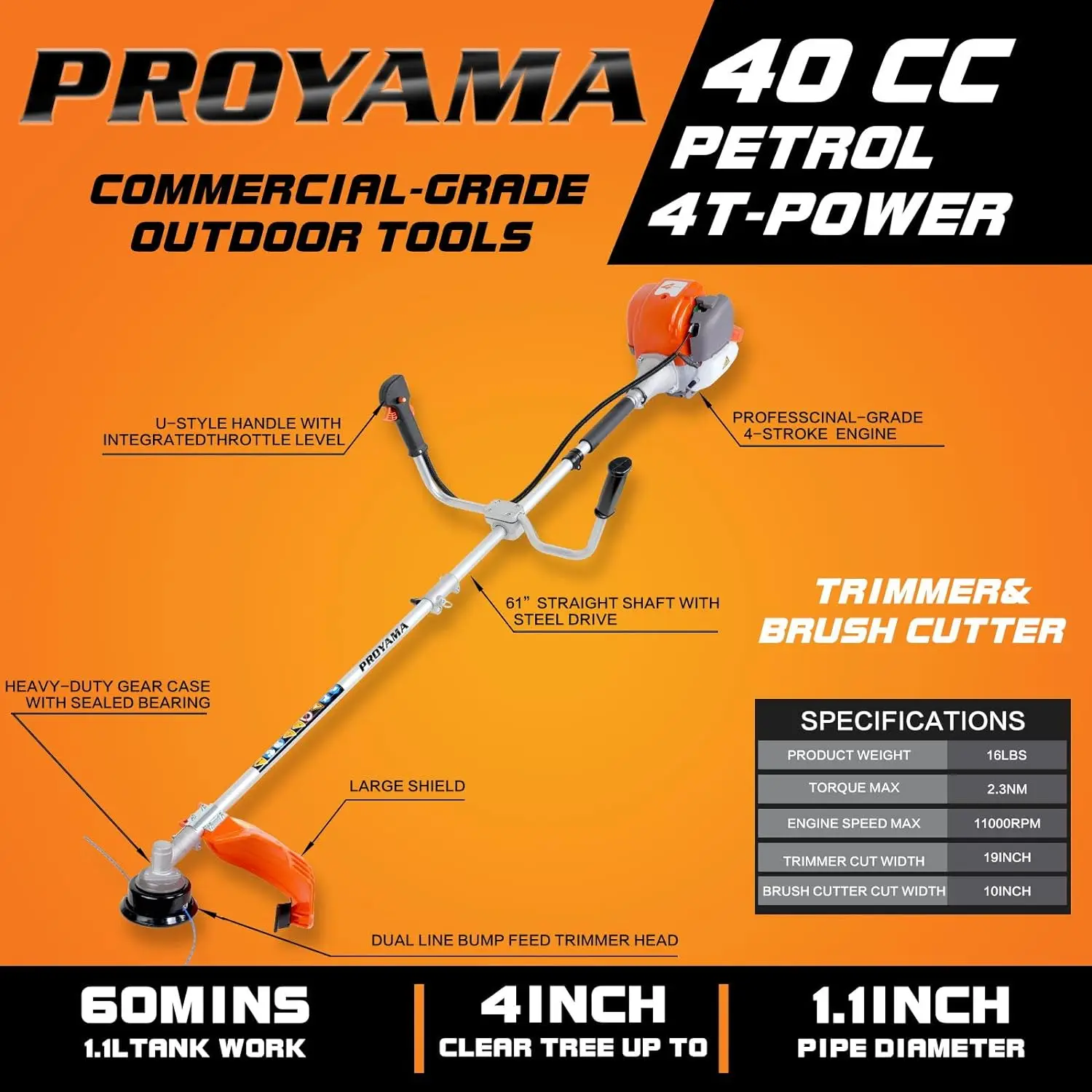 PROYAMA 40cc Gas Powered Brush Cutter, 4-Cycle Weed Eater, 3 in 1 Dual Line Gas String Trimmer and Grass Trimmer, Weed Whacker