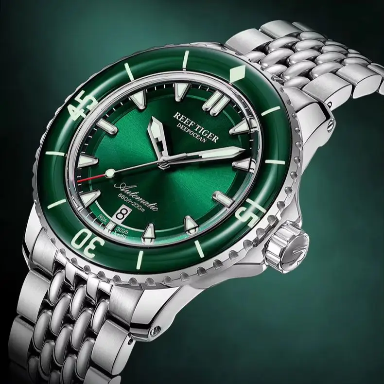 

Мужские автоматические часы Reef Tiger, 44 мм, механические наручные часы для дайвера, 20 бар, водостойкий светящийся сапфировый безель