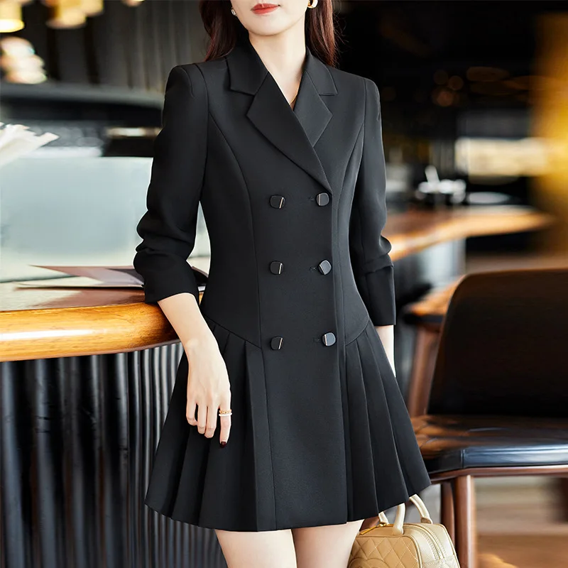 

Плиссированное платье-костюм для весны и осени, модный новый французский стиль, элегантный образ светской львицы, с эффектом утяжки талии, стройнящий силуэт, двубортное.