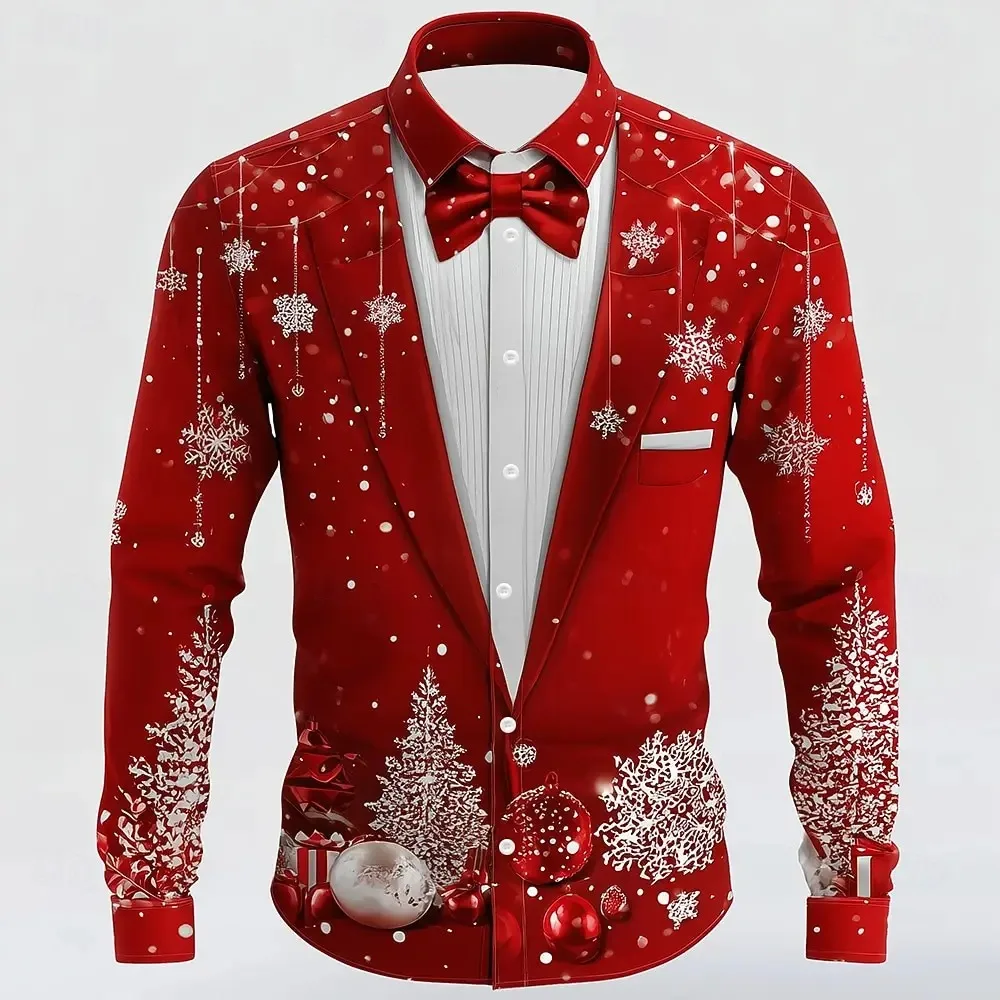 Men's Christmas Tree Snowflake Patterned Shirt, Tie Printed Dress, Fashionable Casual Style, Long Sleeved Lapel, Trendy Street S