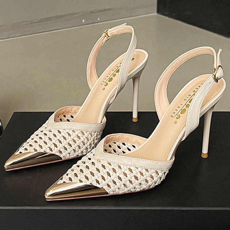 

BIGTREE Fashion hollow woven slim Heel sandals Women shoes Summer Advanced metal pointed High Heels Women Pumps Stiletto 8.5 cm