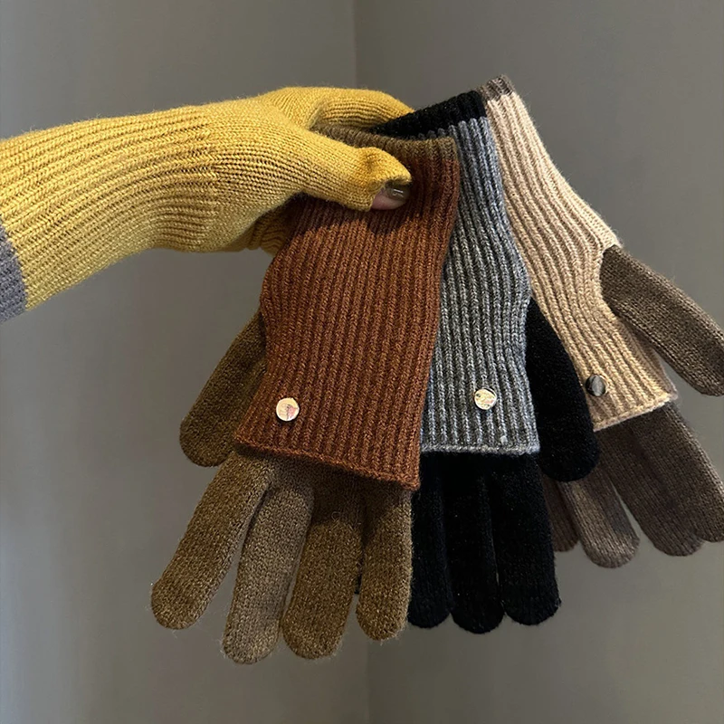 Winter Women's Exposed Finger Touch Screen Warm Long Short Dual-Use Cycling Student Color Blocked Knitted Yarn Gloves