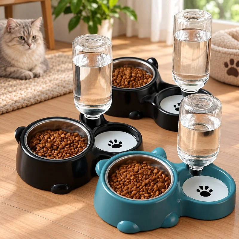 Gravity-Driven Cat and Dog Feeding Fountain with Tilted Dispenser, Hands-Free Operation, No Power Needed
