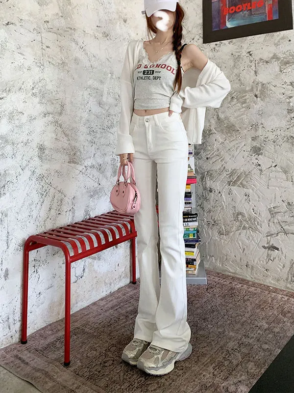 

Женские белые джинсы с высокой талией, облегающие, с расклешенными штанинами, очень длинные, эластичные, повседневные, из денима