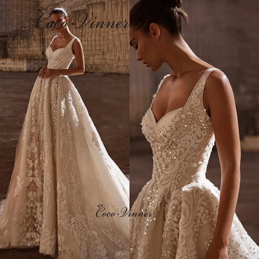 

Customized Long Court Train A line Wedding Dress 2025 South America Fashhion Lace Appliques Pearls Beaded Wedding Gown W1397