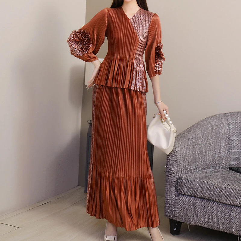 

Pleated V-Neck Top & Maxi Skirt Set, Sequined Ruffle Sleeves Lightweight Wrinkle-Resistant Women's Evening Party Guest Co-ords