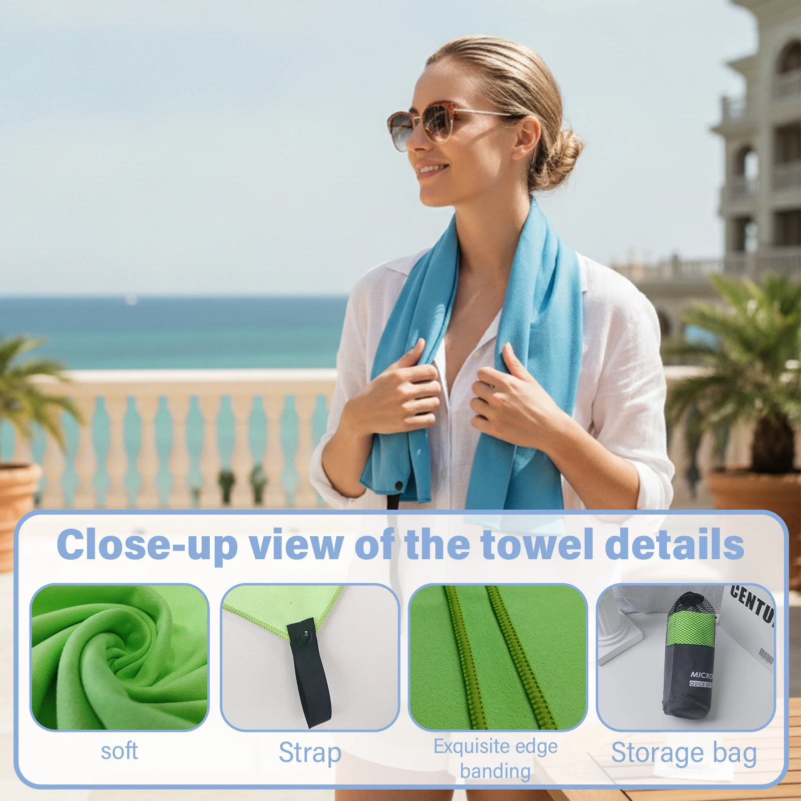 40x80cm Dual-Sided Microfiber Quick Dry Towel - Absorbent Gym Beach Travel Towel with Hanging Loop And Storage Pouch