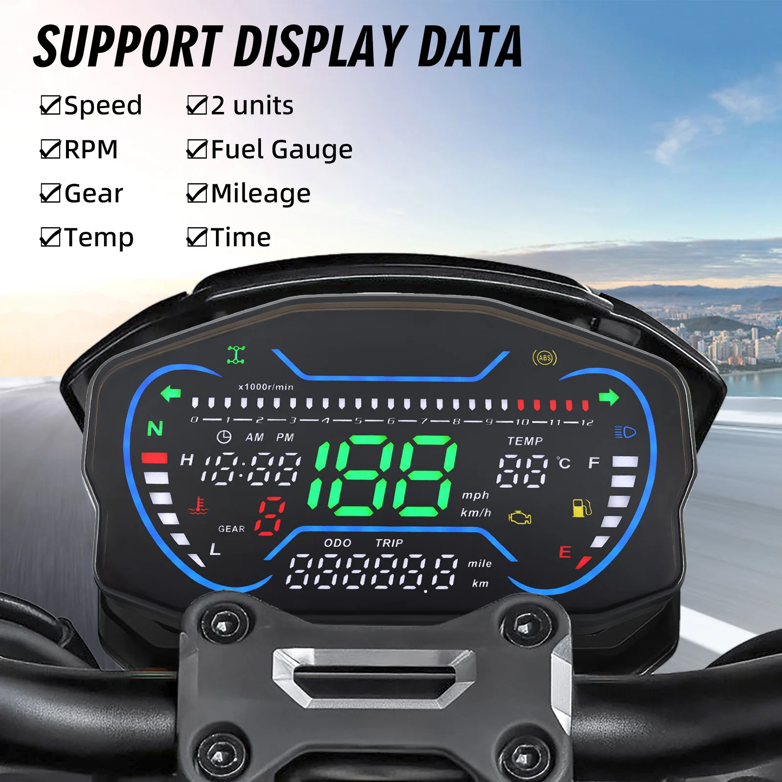 Strumento digitale per moto Misuratore multifunzionale + sensore 0~12000R/min Velocità Temp Orologio Misuratore di carburante ODO Viaggio RPM ABS Personalizzato