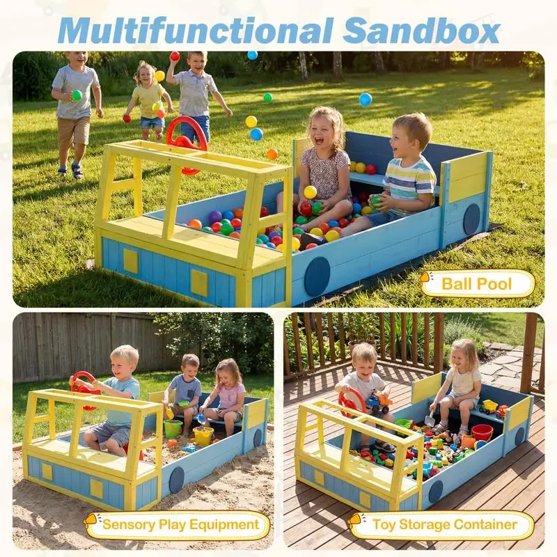 Obrázek 7: Velký dřevěný děti sandbox s dno liniové a lavice seat-blue