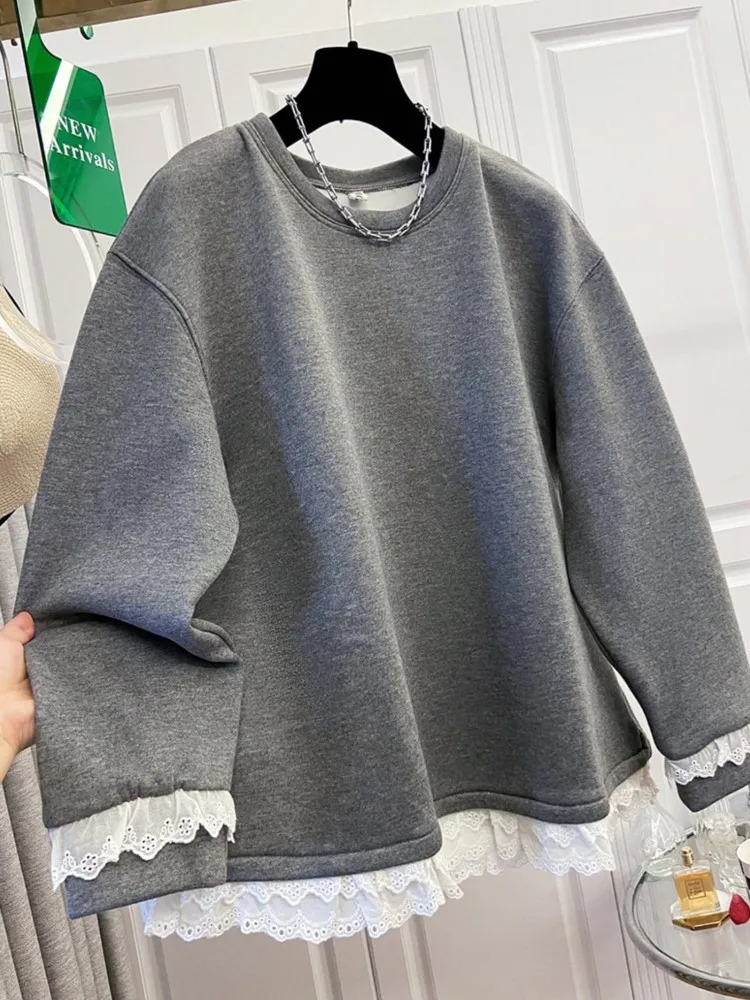 Sweat-shirt grande taille en dentelle pour femme, décontracté, ample, velours, nouveau Style, col rond, manches longues, mélange de coton, automne hiver