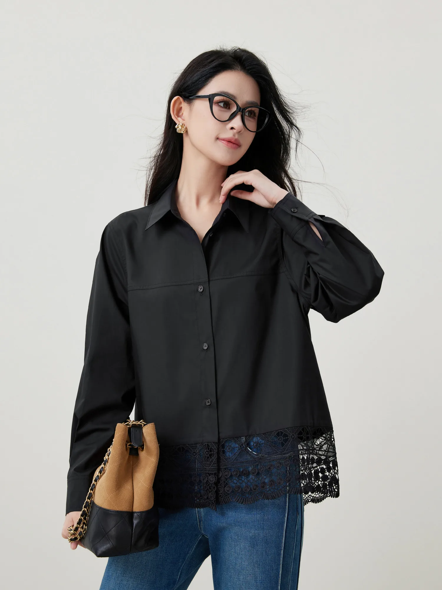 

High Quali Mi Home Ele Vintage Heavy Work Lace Hem Splice ort Loose Collar irt Women's Faion Breathable Long Sve