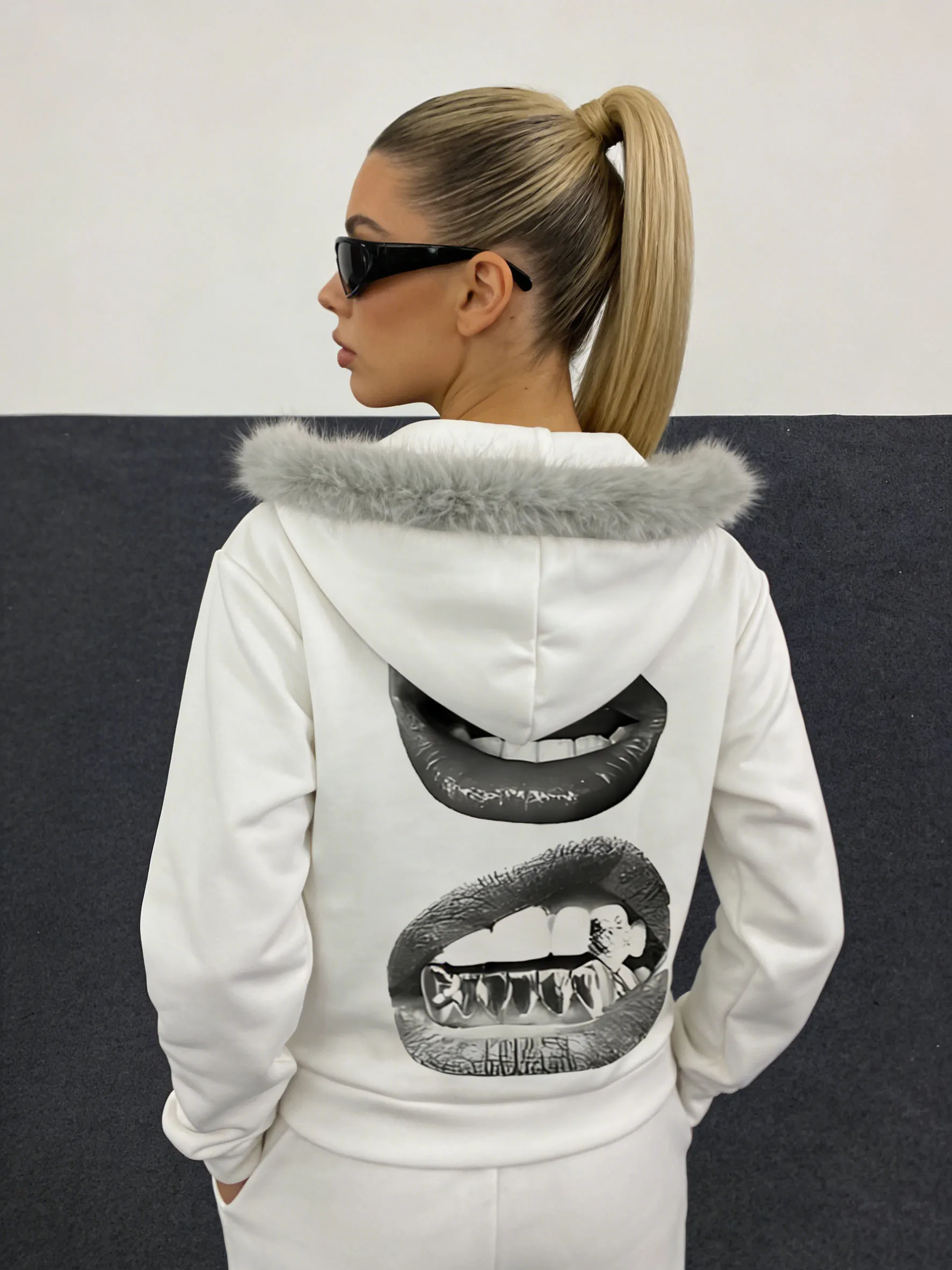 سترة نسائية بغطاء للرأس بسحاب من الفرو الأبيض - سترة "HOT GIRL" مطبوعة برسومات وشفاه Y2K سترة غير رسمية لربيع الخريف #4