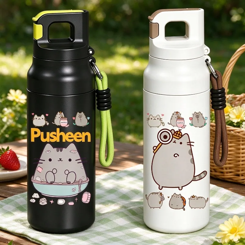 Bouteille d'eau en acier inoxydable isolée Pusheen, mug thermique premium avec cordon en nylon amovible et fermeture étanche et sécurisée