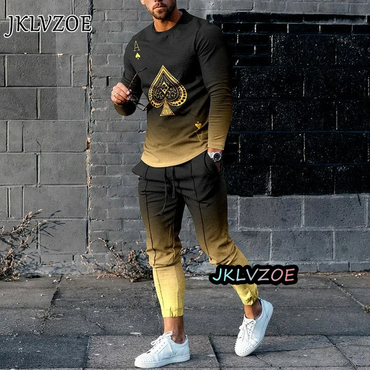 Chándal con estampado de gran tamaño para hombre, Conjunto de camiseta de manga larga y pantalones para correr, ropa deportiva informal, traje de 2