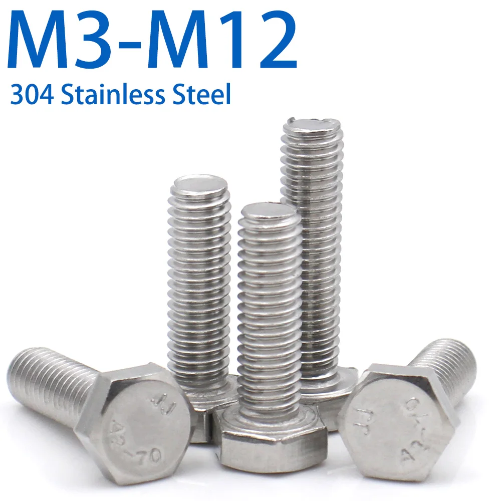 304 Stainless Steel Long Hexagon Head Bolt Extended Hex Bolt Full Thread Screw M3 M4 M5 M6 M8 M10 M12