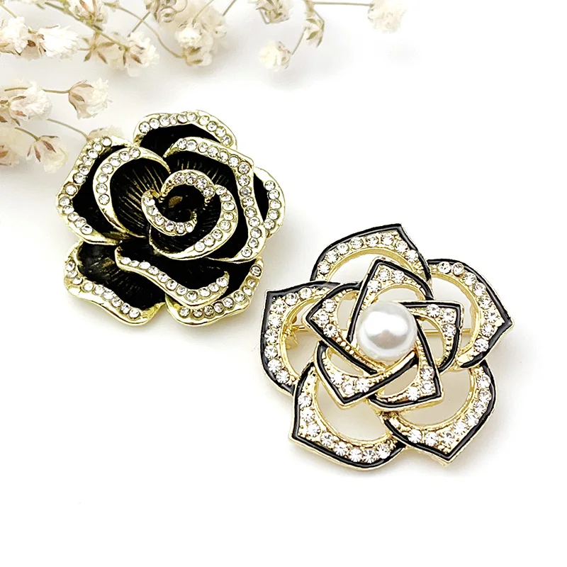 Korean Version Small Fragrance Rhinestone Drop Oil Camellia Brooch Women Retro Multi Layer Flowers Pearl Anti Slip Clothing Pins