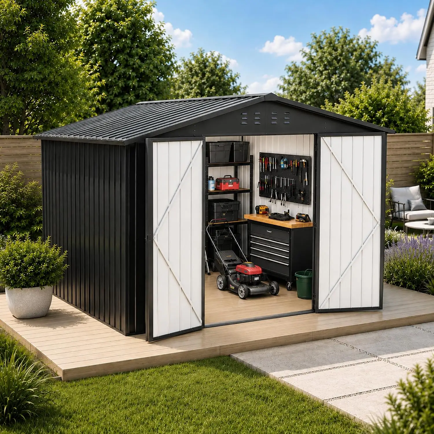 8x8 FT Metal Outdoor Storage Shed with All-Weather Reinforced Frame | Waterproof Utility Garden Shed, Lockable Double, Custom