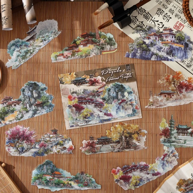 1pack/10pcs Chinese Style Courtyard Stickers, Vintage Pavilion Garden DIY Handmade Album Scrapbooking Decorative Paper Supplies