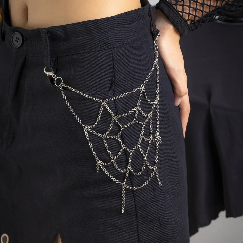 Retro Zinc Alloy Spider Web Waist Chain Harajuku Gothic Punk Belt Chain Key Chain Body Jewelry Tassel Jeans Chain Jeans