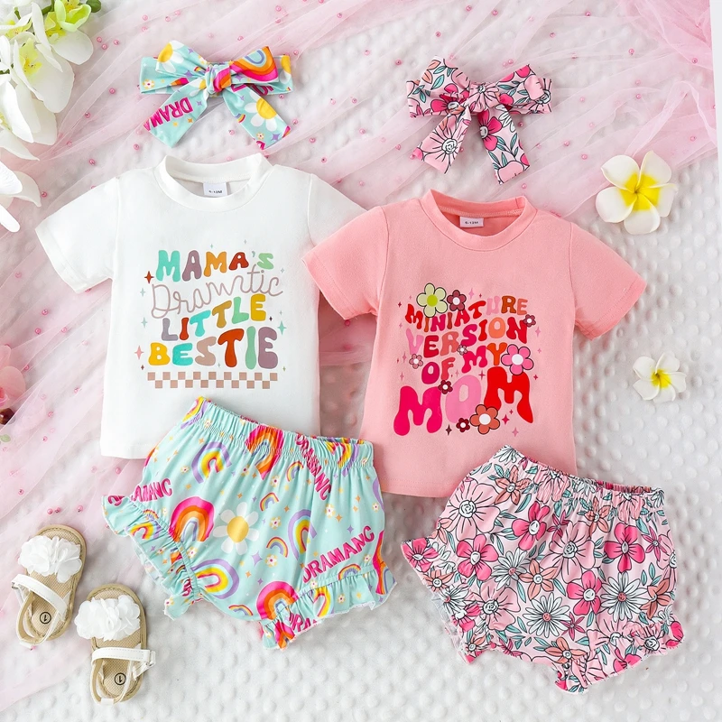 

Tregren Infant Baby Girls Shorts Set Short Sleeve T-shirt Elastic Waist Letters Print Shorts with Bowknot Hairband Summer Outfit