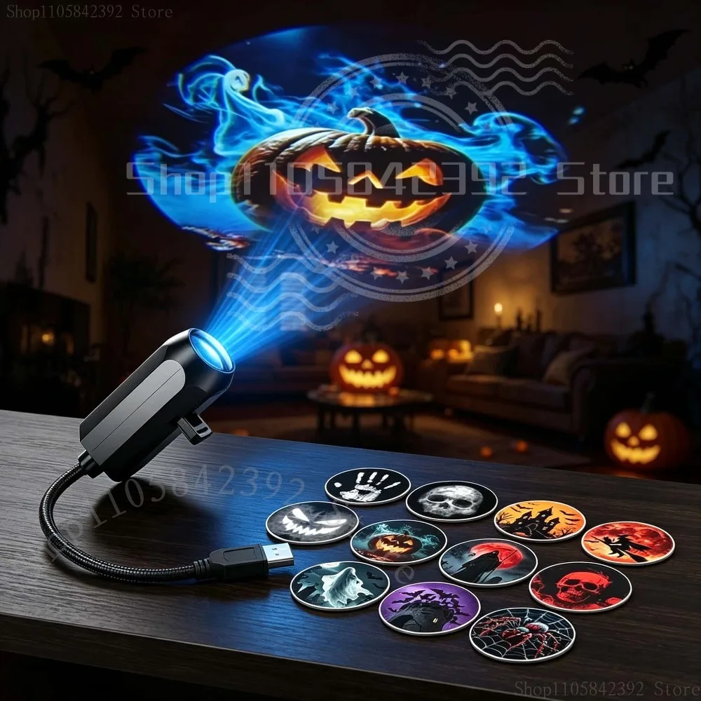 Halloween USB LED Projection Lamp,3/6/11pcs Patterns Light Ghost,bat,Spider,Halloween Atmosphere Light Festive Decoration