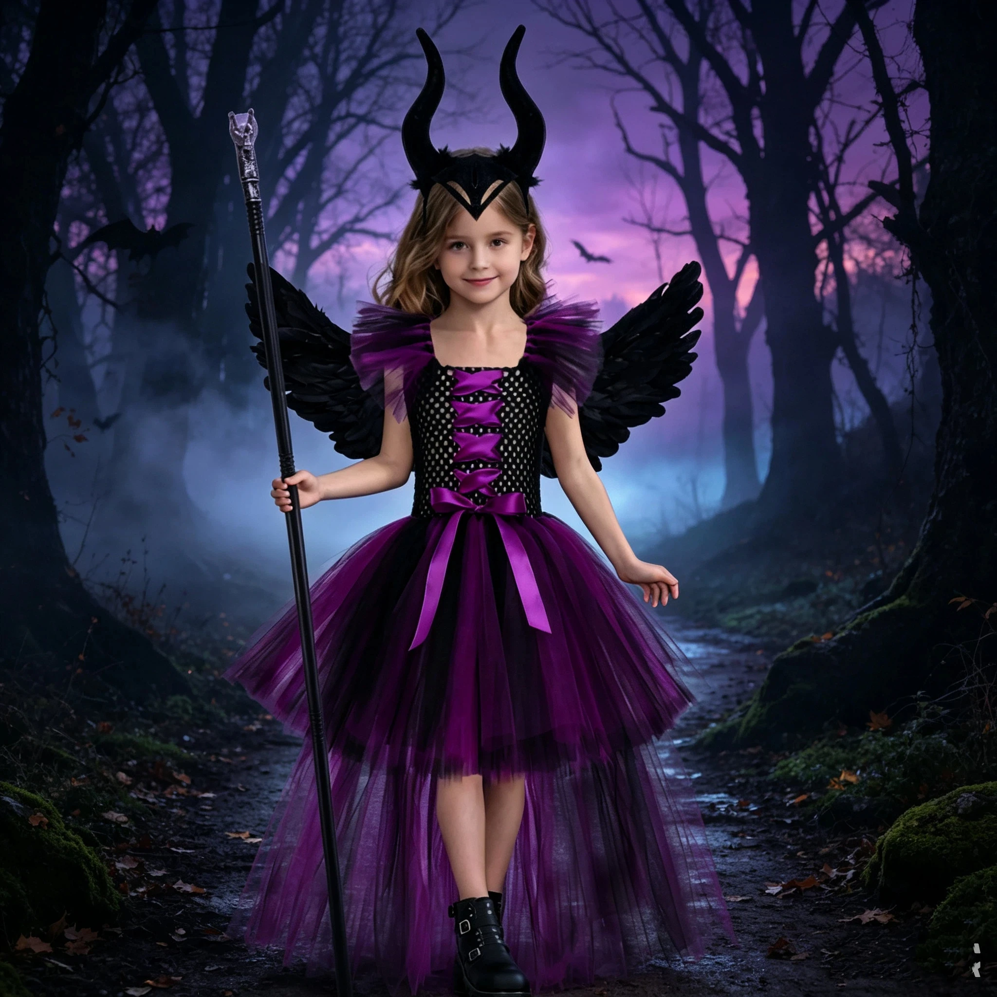 Hexen-Königin Cosplay Kinderkostüm Halloween-Party Teufel-Zug Tüllkleid Mit Horn-Kopfschmuck Flügel Halloween-Kostüme Kleider