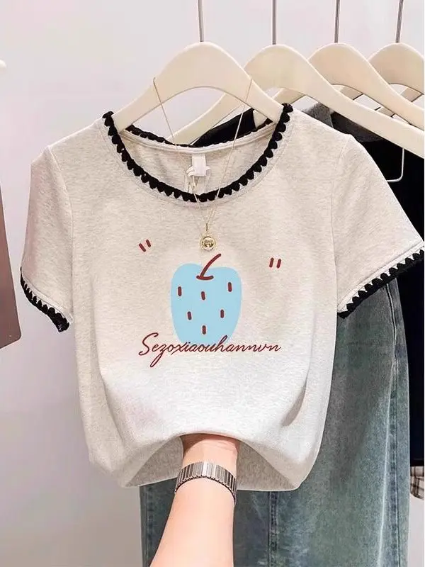 Korean Chic Short Sleeve T-Shirt Women's Summer New Style High School Student Color Block Print Casual Cotton round Neck Top