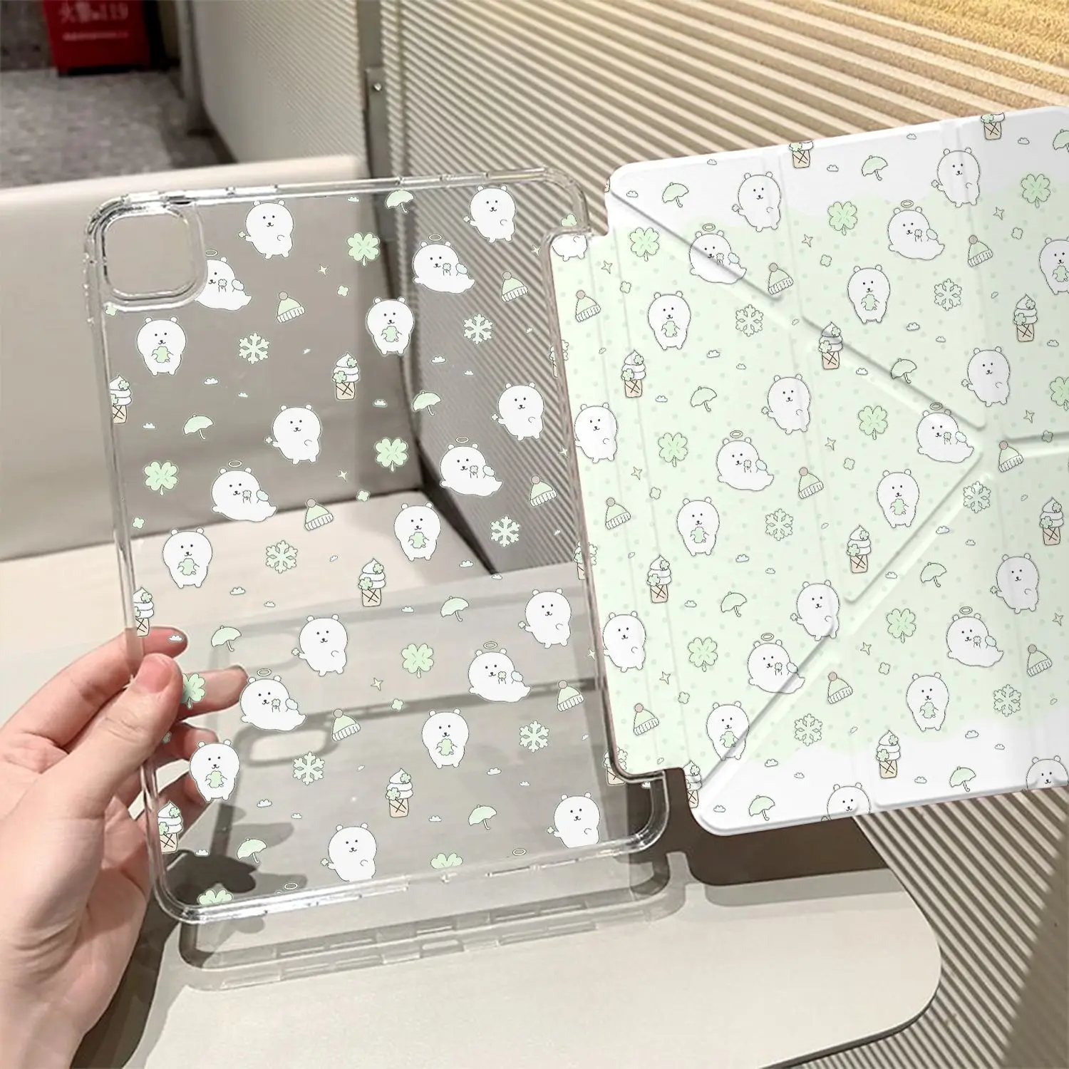 Korean Green Cute Bear New Tablet Case For iPad Pro 11 12.9in 13 M4 9.7 10.2 5/6th 7/8/9 10 11th MINI 6 7 Air 5 6 7 Trifold Case
