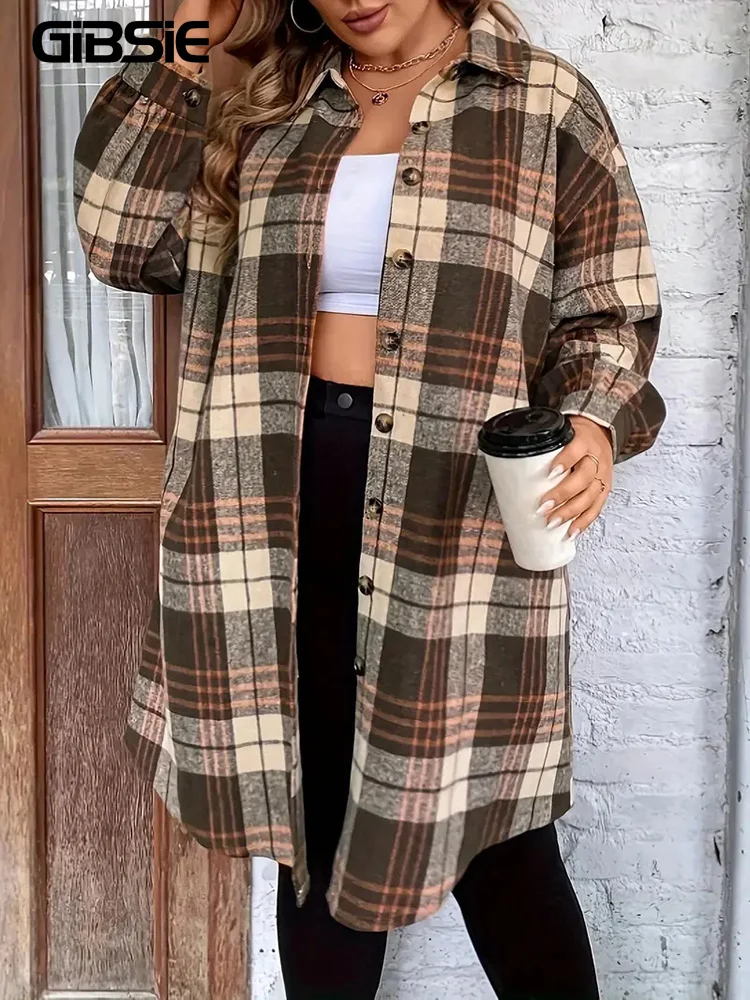 

GIBSIE Plus Size Autumn New Lapel Collar Plaid Long Shirt Women 2024 Casual Long Sleeve Single Breasted Oversize Tops Shirts