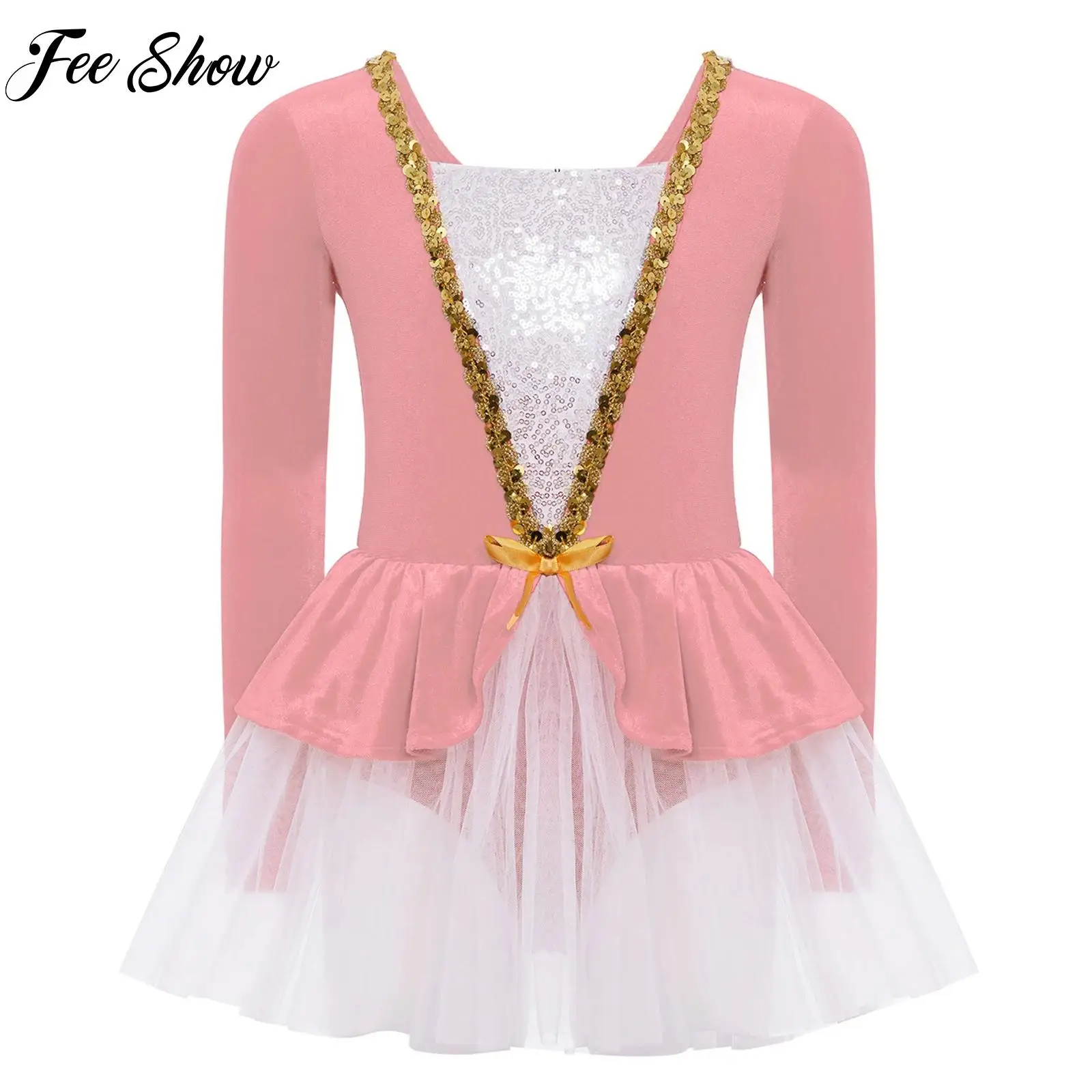 

Girls Ballet Dance Tutu Dress Kids Long Sleeves Sequins Velvet Gymnastic Leotard Princess Dress Skating Performance Dancewear