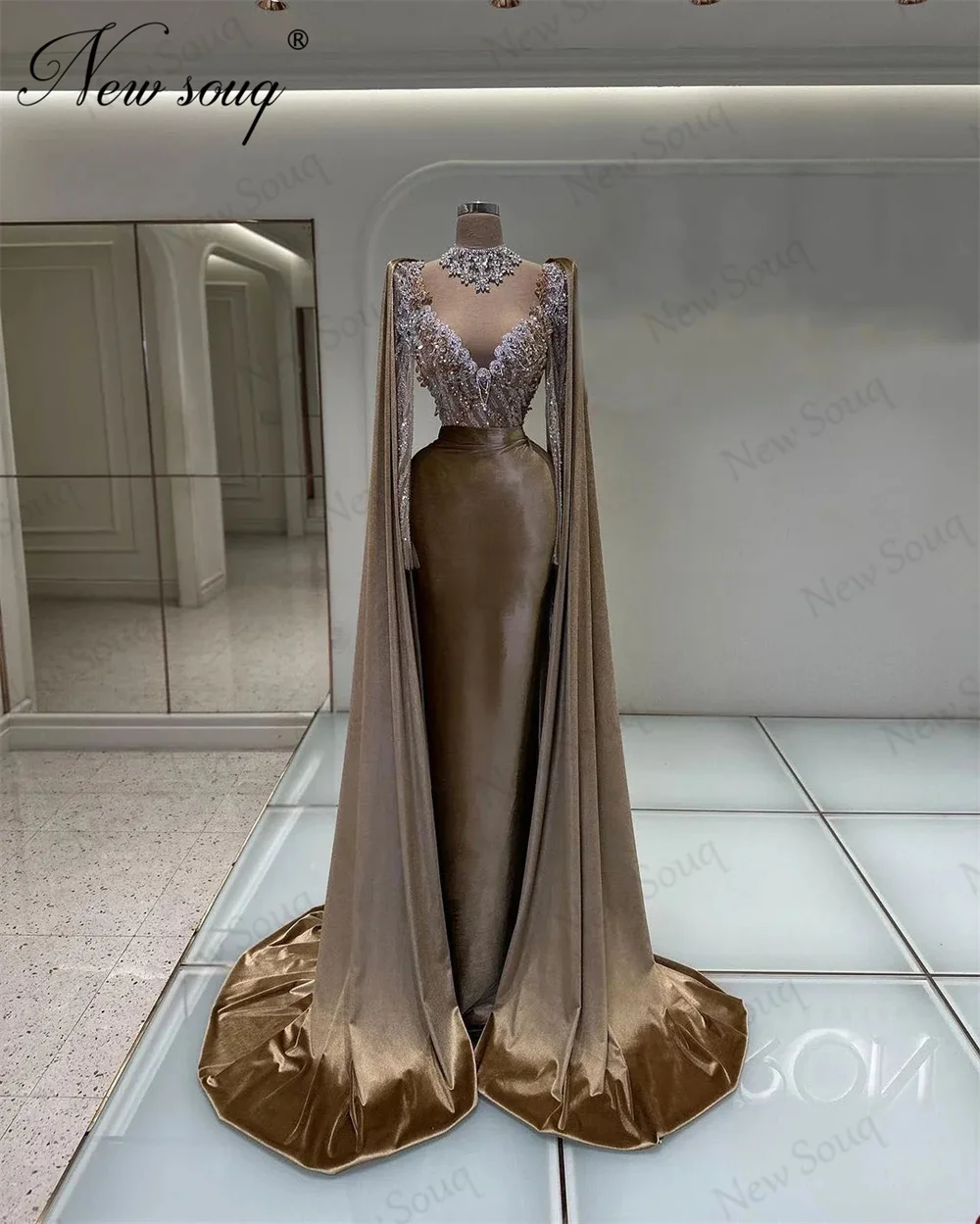 Robe de Soirée de Forme Sirène en Velours avec Manches Cape pour Femme, Tenue Luxueuse avec Perles, Style Moyen-Orient, Dubaï, pour Cocktail, ixd'Anniversaire, Quelle que soit la Robe