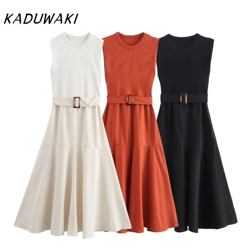 KADUWAKI Franse vintage ronde hals mouwloos gebreid gewaad chic klassiek patchwork met riem geplooid maxi vestidos de tricô femenino