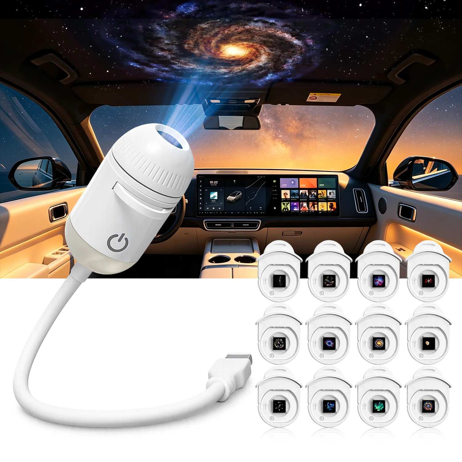 USB Mini Galaxy Projector Night Light, 2-in-1 Starry Sky Ambient Lamp with Replaceable Films, Home Car Decor Gift for Adults Kid
