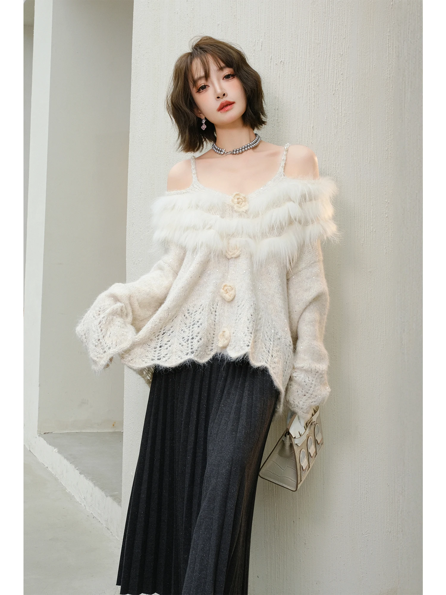 

Свитер MIUCO с начесом, вязаный, из шерсти альпаки, с открытыми плечами, на бретельках, с цветочным узором, свободного кроя, длинный топ