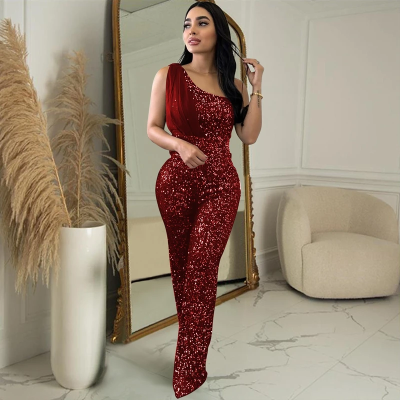 Pailletten Jumpsuit Vrouwen Een Stuk Broek Herfst Winter Enkel Schouderlint Womens Overalls Luxe Kleding Feest Verjaardag Outfit