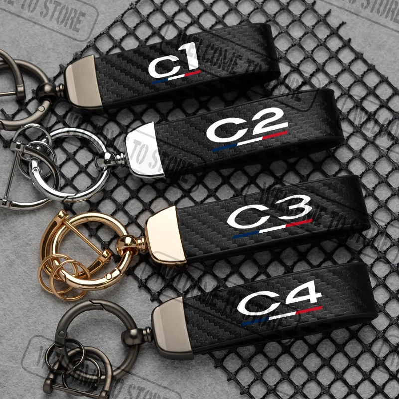 For Citroen Citroën C1 C2 C3 C4 French Flag LOGO Carbon Fiber Leather Car Keychain Horseshoe Buckle Jewelry Accessories
