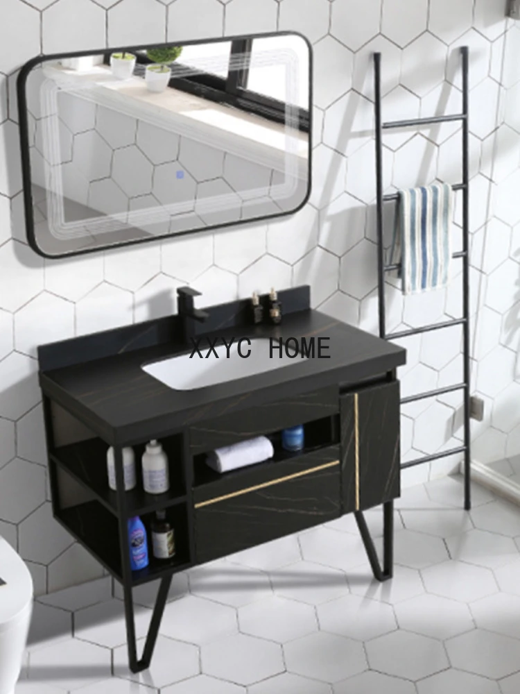 

Stone Plate Bathroom Cabinet Combination Simple Modern Stainless Steel Washstand Light Luxury Bathroom Cabinet Smart Mirror