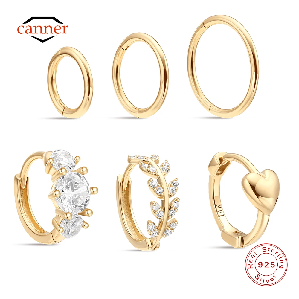CANNER 1PC 14K Solid Gold Minimalism Geometric Zircon Hoop Earring For Women Ins Classic Earring Fine Jewelry Party Gift