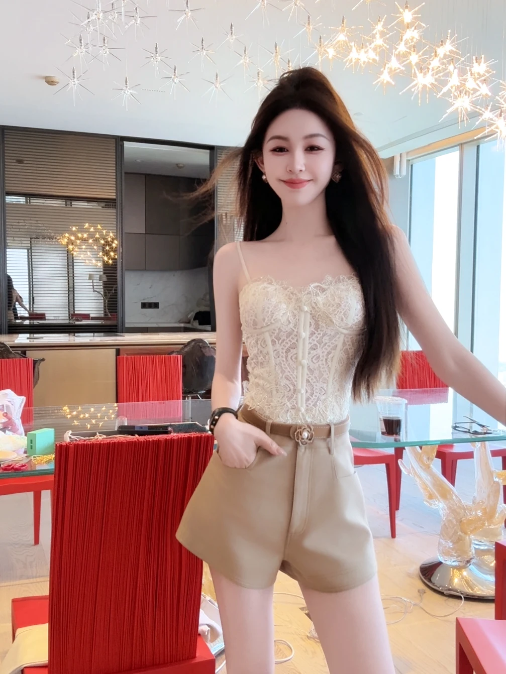 

Sexy Slim Fit Lace Trimed Strapl Fibone Top by Yuxiao Xiao round Ne Polyester Fiber Women's Vest Tank Top ort Length