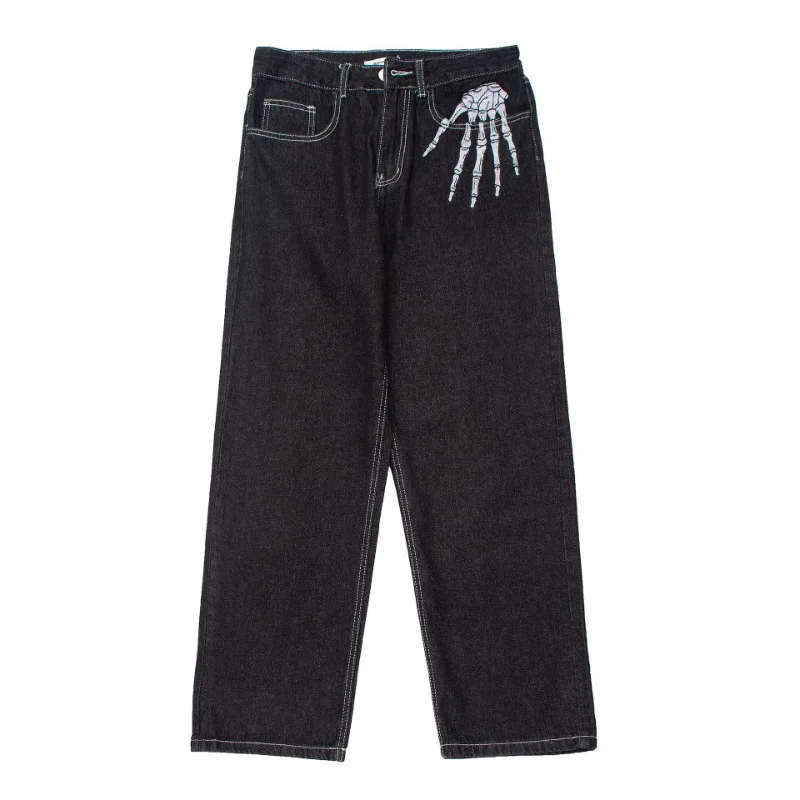 

k Skeleton Print Men's Jeans 2024 High Street Trendy Loose Fit Straight Leg Design Casual Long Pants Straight Tube Jeans
