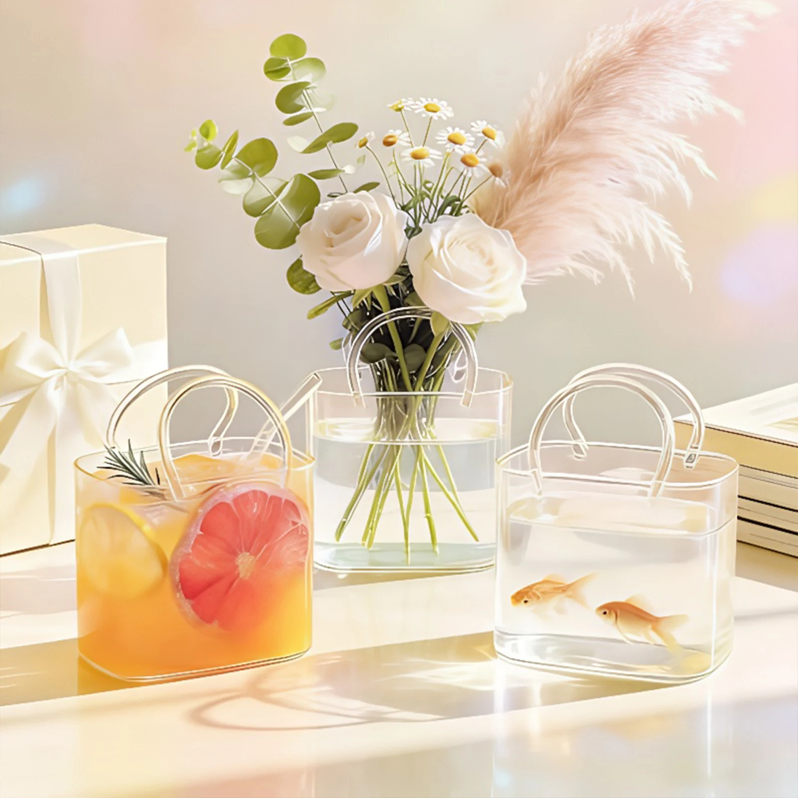 Glass Purse with Glass Straw Fish Tank Vase Handbag Shape Decorative Flower Vases for Women Party Drinks Set