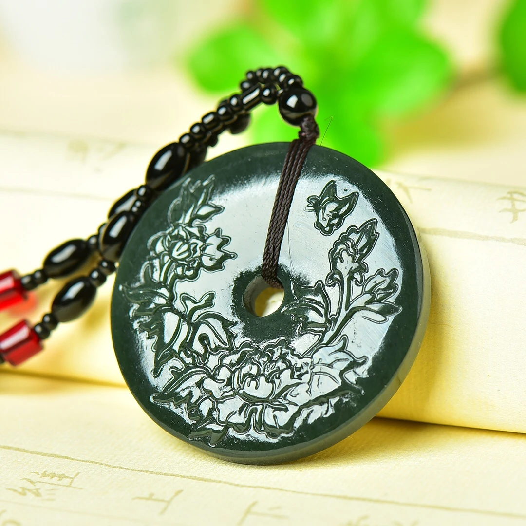 

Ожерелье из натурального зеленого нефрита с пионом, женские ювелирные изделия, натуральный Мьянманский жадеит, класс A, бирманский нефритовый цветок, кулон в виде пончика, ожерелья